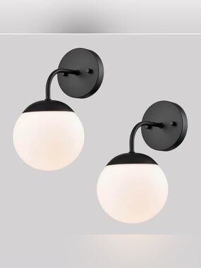 Set of 2 Black Wall Sconces – Modern Globe Glass Vanity Bathroom Lights